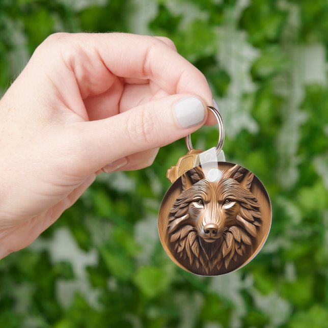 Sylvan Sentinel: The Majestic Wood Wolf Print Keychain (Hand)