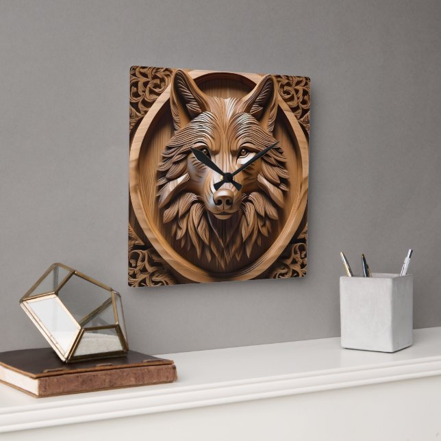 Sylvan Sentinel: The Majestic Wood Wolf Print Square Wall Clock (Office)