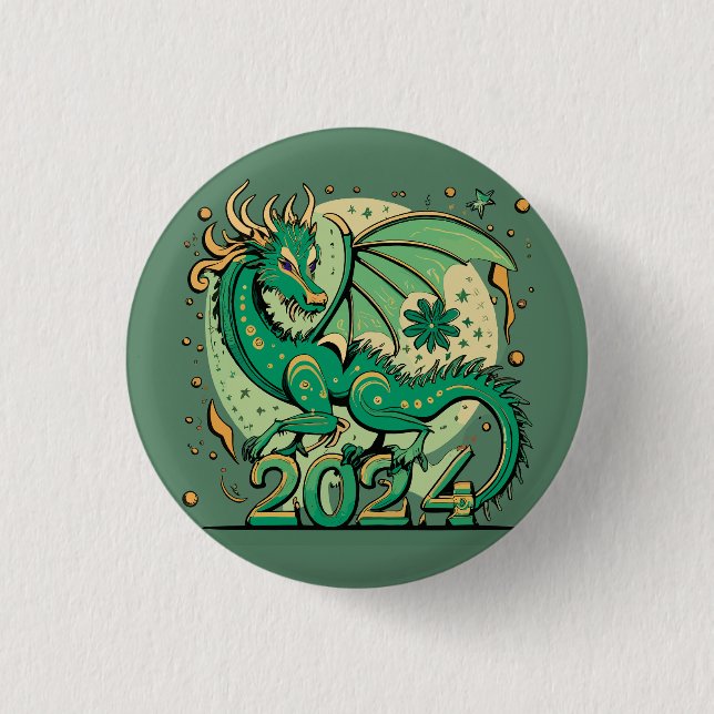 Symbol 2024 New Year, Green Wood Dragon  1 Inch Round Button (Front)