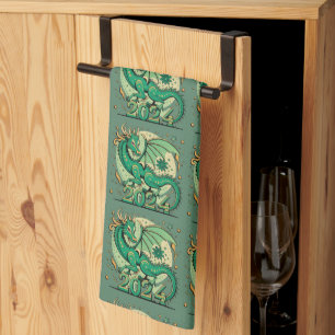 Symbol 2024 New Year, Green Wood Dragon Kitchen Towel
