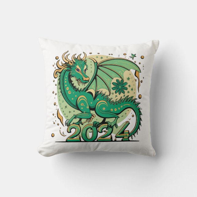 Symbol 2024 New Year, Green Wood Dragon  Throw Pillow (Front)