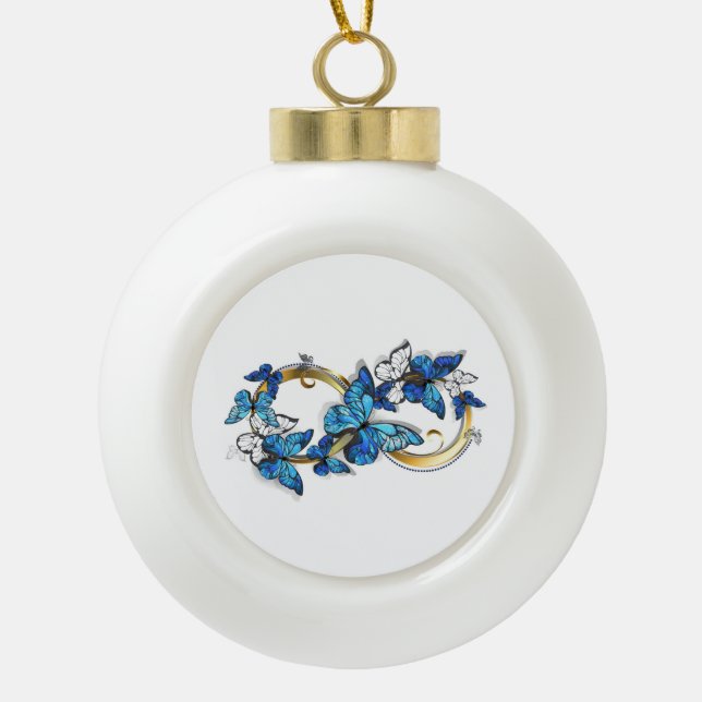 Symbol Infinity of Blue Morpho Butterflies Ceramic Ball Christmas Ornament (Front)