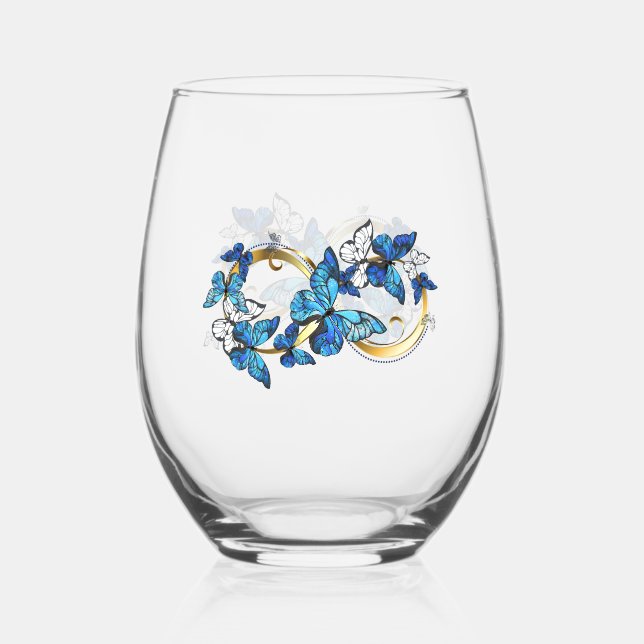 Symbol Infinity of Blue Morpho Butterflies Stemless Wine Glass (Back)