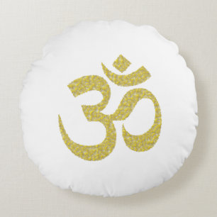 Symbole bouddhiste Om d'or pour Coussin rond blanc