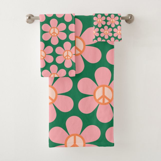 Symbole de Paix Hippie Rétro Fleur Vert et Rose (En situation)