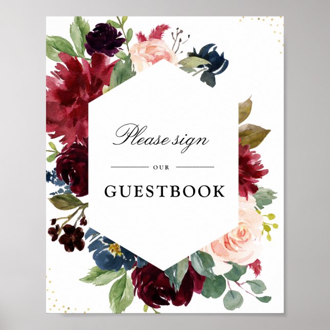 Symbole mariage du livre d'or Floral Burgundy & Na (Devant)