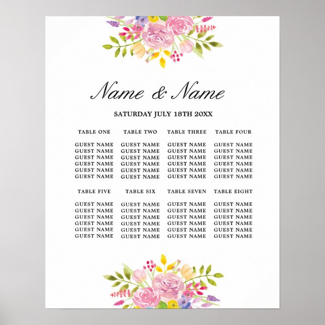 Symbole mariage Poster 8 places Fleurs florales ro (Devant)