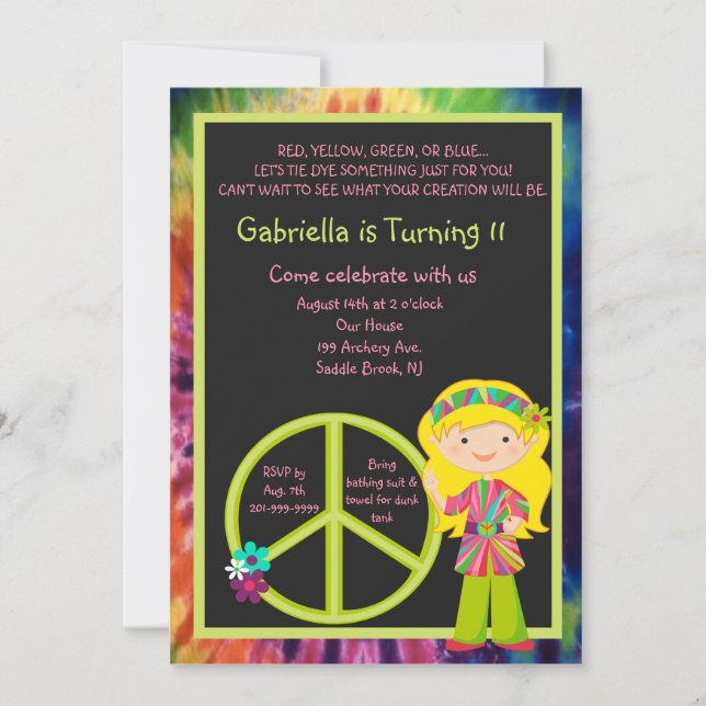 SYMBOLE Tie Dye Hippie Girl & Peace Invitation d'a (Devant)