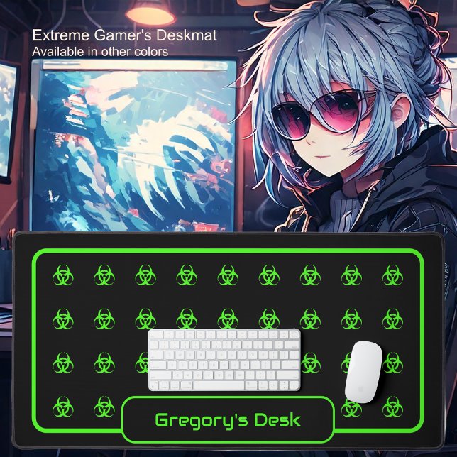 Symboles de danger biologique - Vert sur un Arrièr (Biohazard Symbols - Green on a Black Background Desk Mat by Office Accessories Shop)