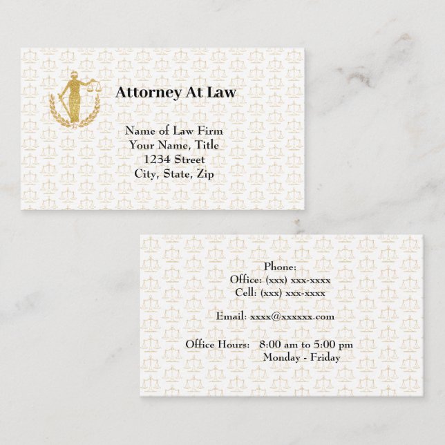 Symboles juridiques d'or Avocat Cartes de visite (Devant / Derrière)