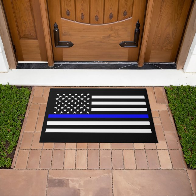 Symbolic Thin Blue Line US Flag graphic design on Doormat (Outdoor)