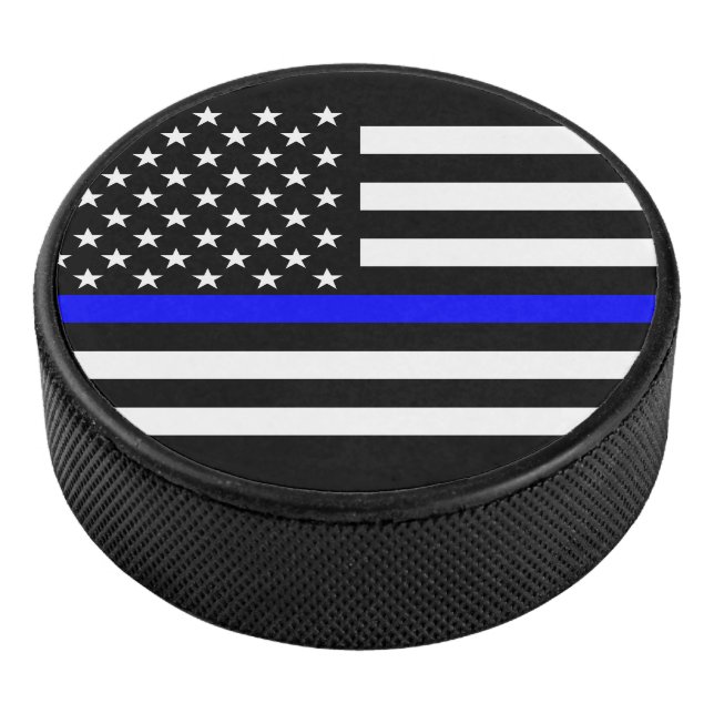 Symbolic Thin Blue Line US Flag graphic design on Hockey Puck (3/4)