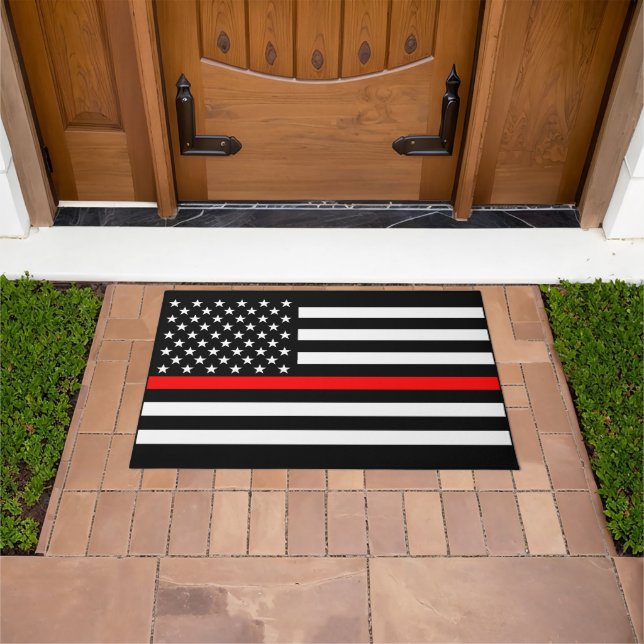 Symbolic Thin Red Line US Flag graphic design on Doormat (Outdoor)