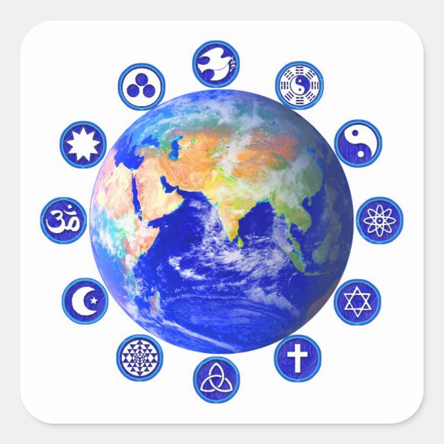 Symbols of Peace and Unity Around Planet Earth Square Sticker (Front)