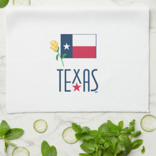Symbols of Texas, Texas Flag and Yellow Rose Glass Kitchen Towel