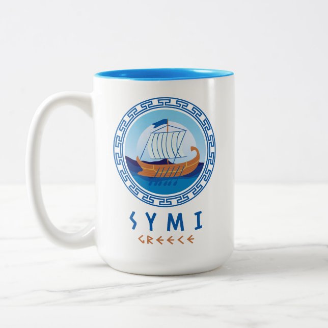 Symi, Greece Greek Ship Design Two-Tone Coffee Mug (Left)