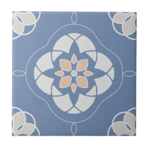 Symmetric Orange Flower Tiled Pattern on Blue Tile