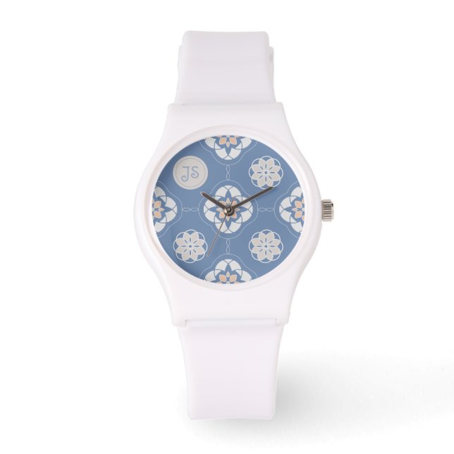 Symmetric Orange Flower Tiled Pattern on Blue Watch (Front)