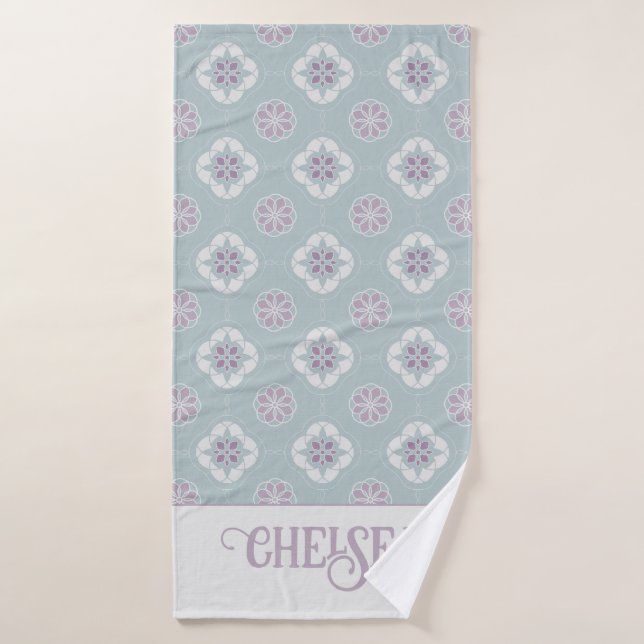 Symmetric Pink Flower Tiled Pattern on Sage Bath Towel (Bath Towel)