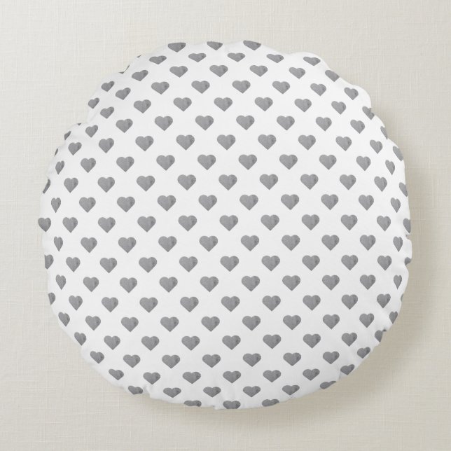 Symmetric Small Concrete Grey Hearts on White  Round Pillow (Front)