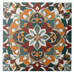 Symmetrical Abstract in Teal Yellow & Red Tile