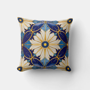 Symmetrical Art Deco Blue Gold Floral Pattern Throw Pillow