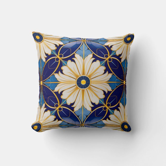 Symmetrical Art Deco Blue Gold Floral Pattern Throw Pillow (Front)