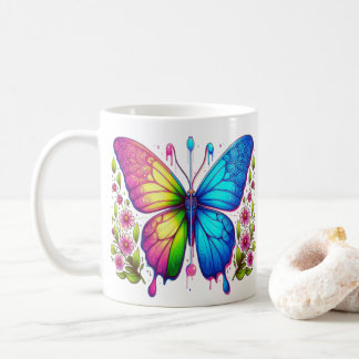 Symmetrical Beauty: Pink and Blue Butterfly with Coffee Mug