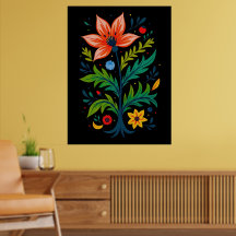Symmetrical Dark Botanical Vibrant Folk Art Flower