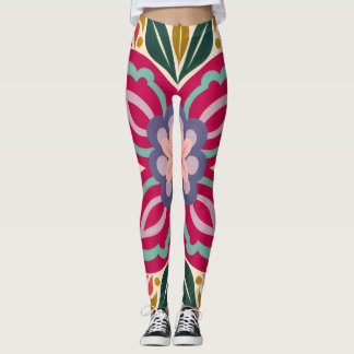 Symmetrical Folk-Art Floral Medallion Leggings