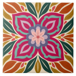 Symmetrical Folk-Art Floral Medallion Tile