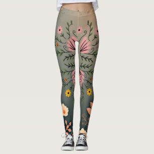 Symmetrical Folk Botanical Illustration Leggings