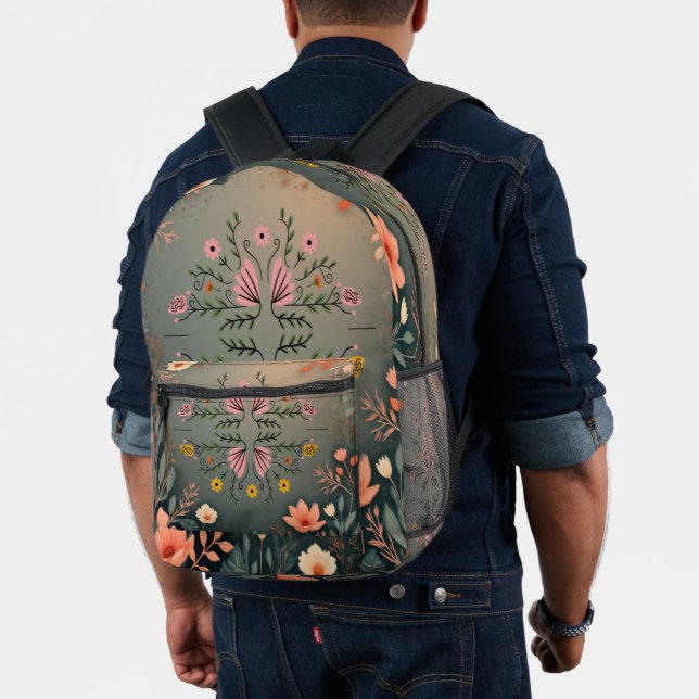 Symmetrical Folk Botanical Illustration Printed Backpack (Insitu (Model))