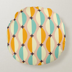 Symmetrical retro pattern with interlocking teal round pillow