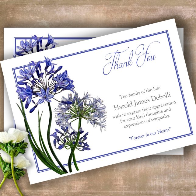 Sympathy Agapanthus Funeral Thank You Card (Sympathy floral Celebration of Life, In Loving Memory, Forever in our Hearts Funeral thank you cards)