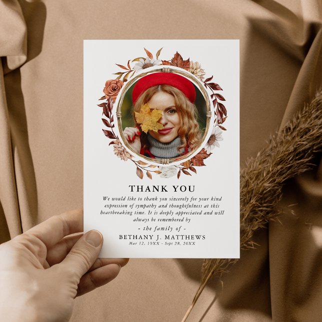 Sympathy Autumn Fall Wreath Funeral Photo  Thank You Card (Creator Uploaded)