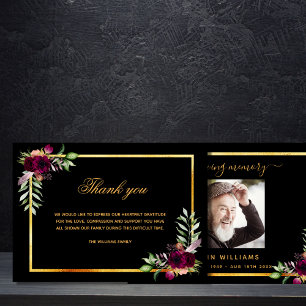 Sympathy black floral burgundy thank you photo card