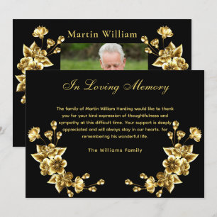 Sympathy black gold floral budget thank you photo card
