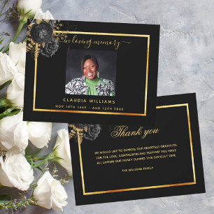 Sympathy black gold floral photo thank you card