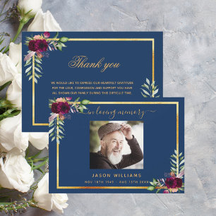 Sympathy blue floral burgundy thank you photo card