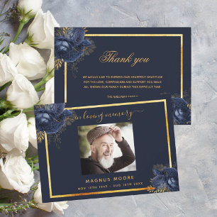 Sympathy blue floral gold thank you photo card