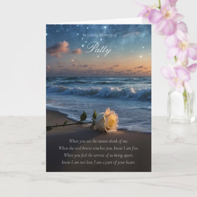 Sympathy Condolences Custom Name Rose on Beach Card (Orchid)