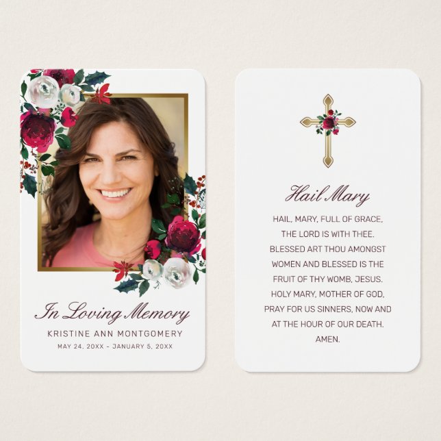 Sympathy Elegant Red Rose Cross Photo Prayer Card (Front & Back)