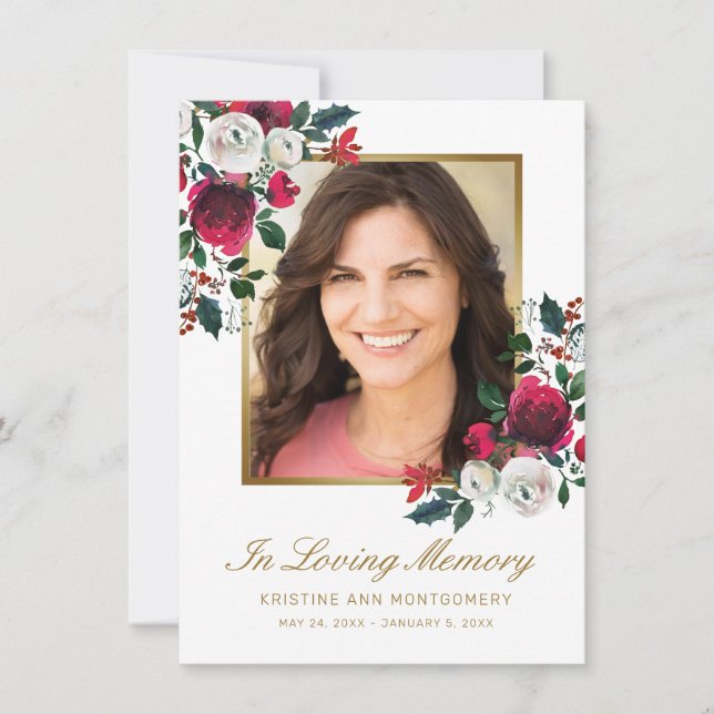 Sympathy Elegant Red Rose Gold Script Photo Thank You Card (Front)