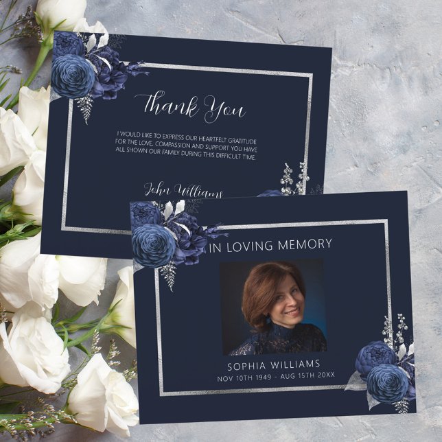 Sympathy funeral blue floral photo thank you card (Creator Uploaded)