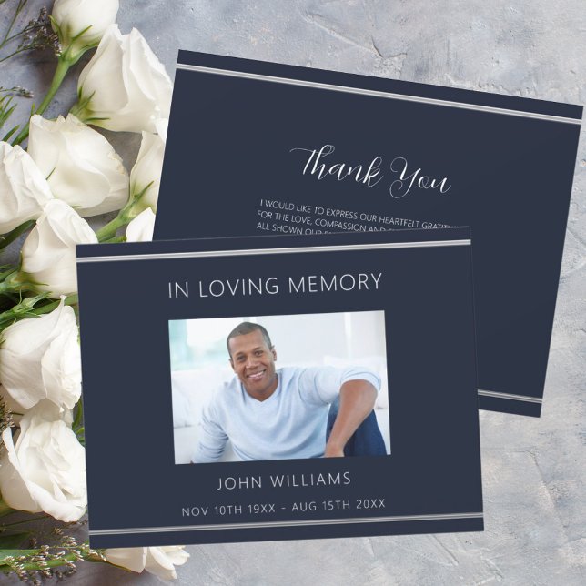 Sympathy funeral blue white photo thank you card (Creator Uploaded)