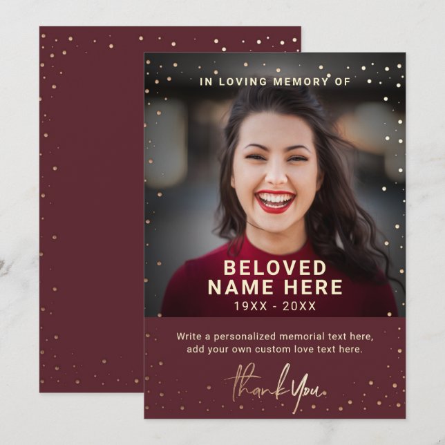 Sympathy Funeral Burgundy Thank You Photo Card (Front/Back)