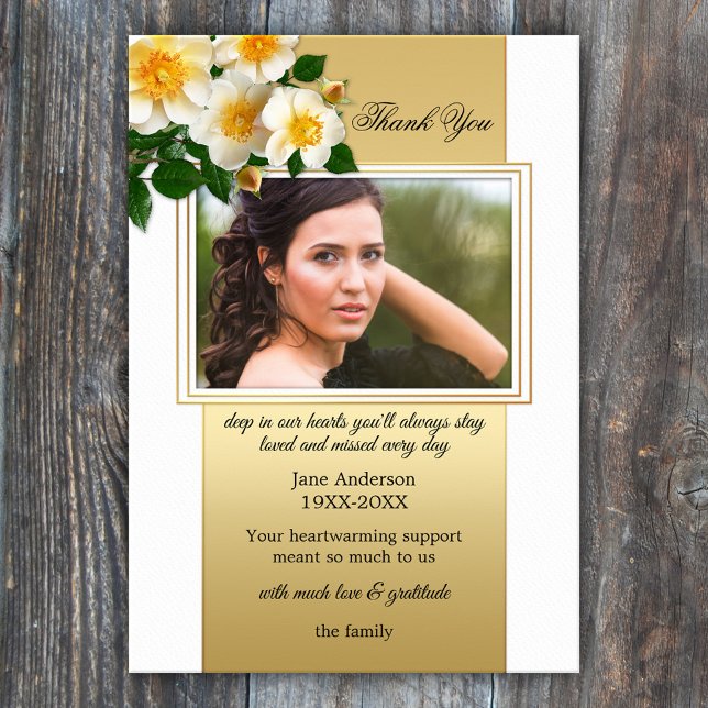 Sympathy Funeral Photo Thank You Cards (Elegant floral memorial or funeral photo Thank You card with roses on a gold and white background)
