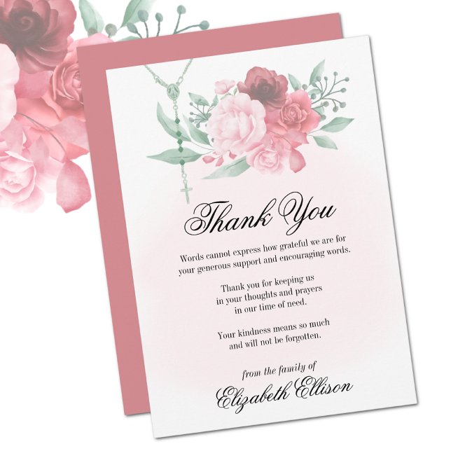 Sympathy Funeral Rosary Roses Thank You Card (Traditional Catholic Funeral Memorial Thank You  Card)