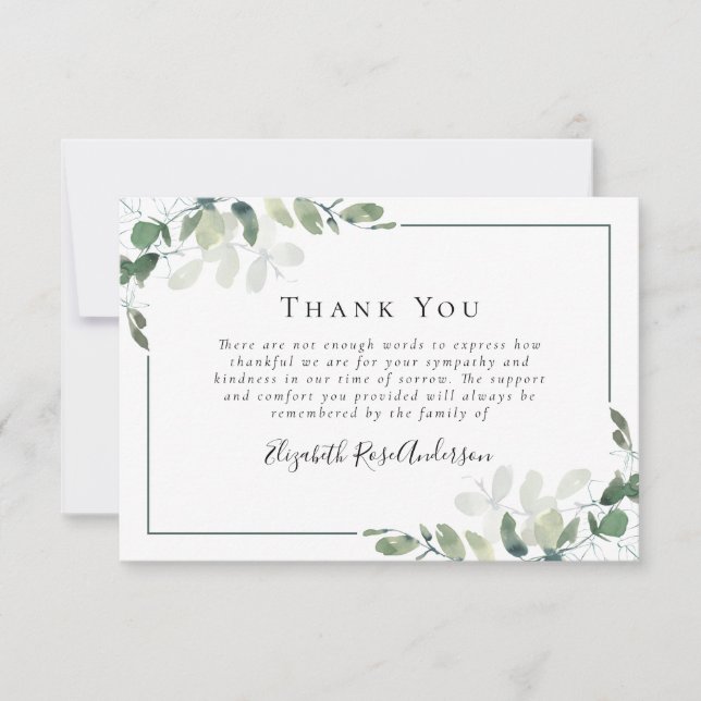 Sympathy Greenery Eucalyptus Funeral Thank You Card (Front)